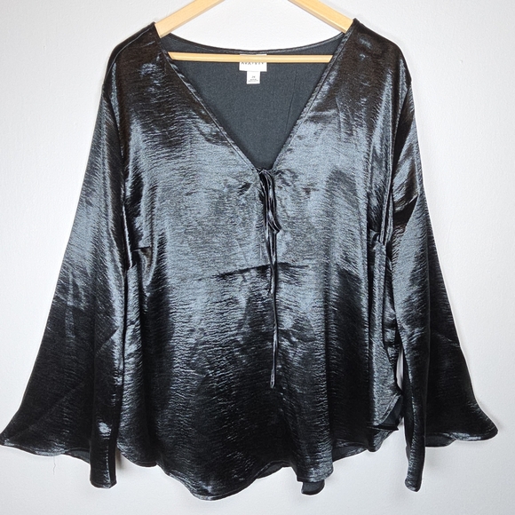Ava & Viv Tops - Ava & Viv Women's Black Satin V-Neck Top Long Bell Sleeves 2X Glam Whimsigoth